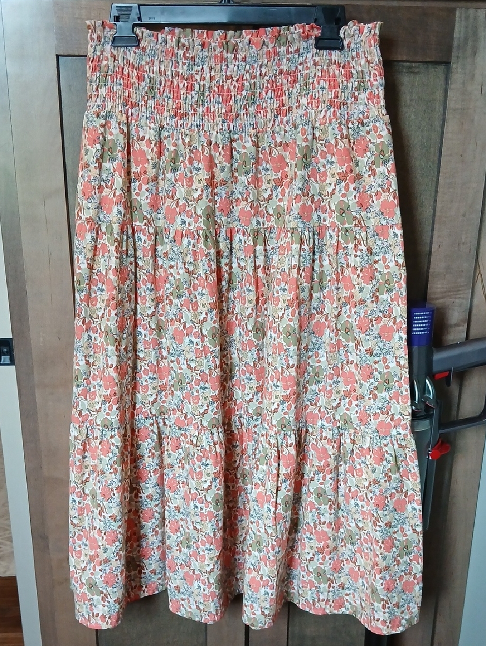 Universal Thread Coral, Olive & Cream Floral Tiered Maxi Skirt
